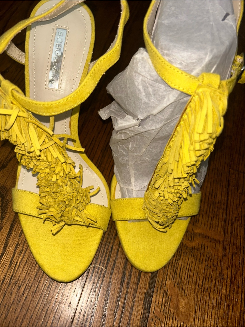 BCBGeneration Yellow Fringe Suede Heeled Sandals